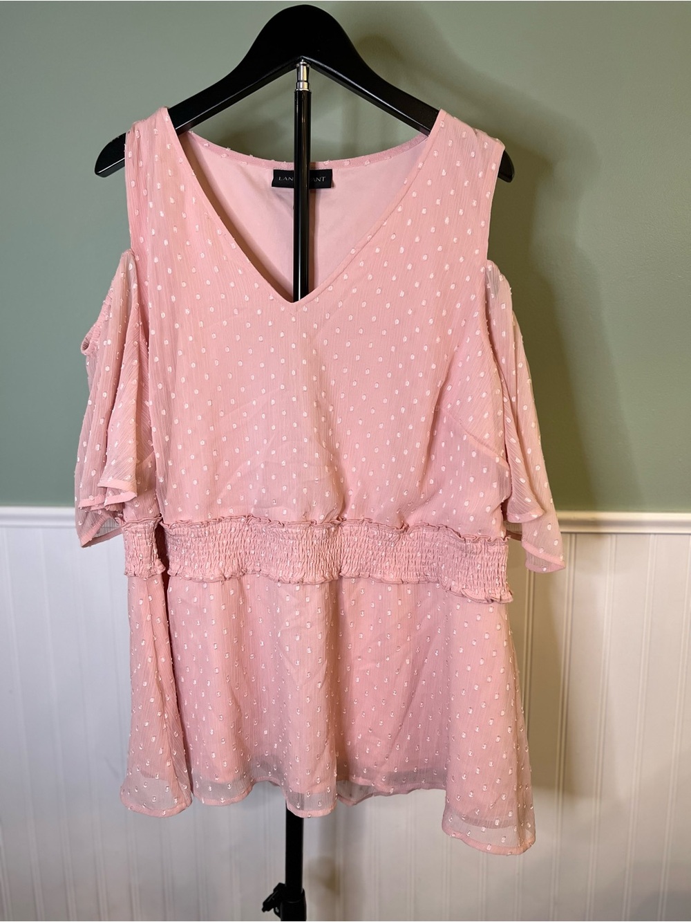 Lane Bryant Pink Cold-Shoulder Swiss Dot Smocked Waist Blouse. Size 16